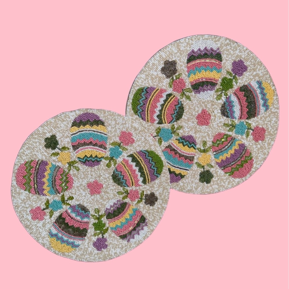 NWT Set of TWO nicole Miller Beaded Sequin Easter Pastel Eggs Placemats Chargers